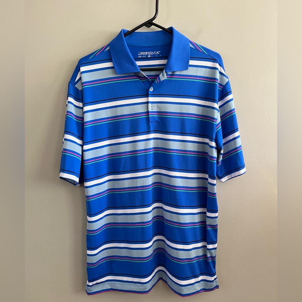 Nike Golf Polo Blue Striped‎ Green Pink White Medium